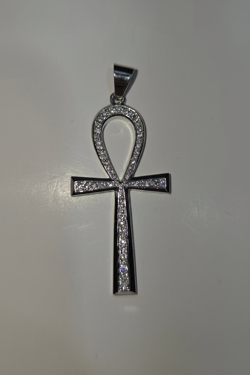 Natural Diamond 14K White Gold Ankh Cross Pendant 0.40 CTW