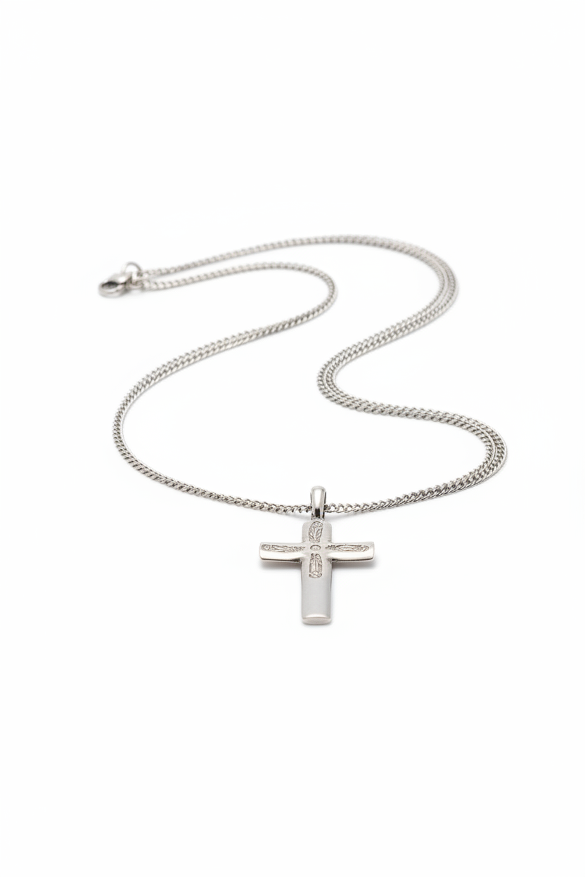 Engraved Cross Necklace — Our Lady of Guadalupe Silver-Tone Pendant