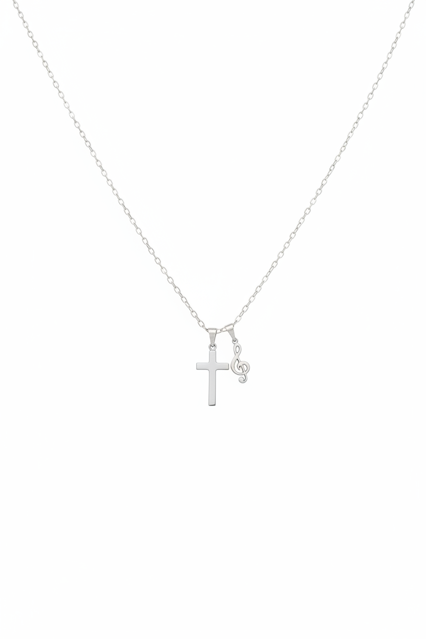 Cross & Treble Clef Charm Necklace — Silver-Tone Double Charm