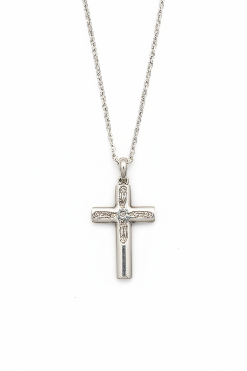 Engraved Cross Necklace — Our Lady of Guadalupe Silver-Tone Pendant