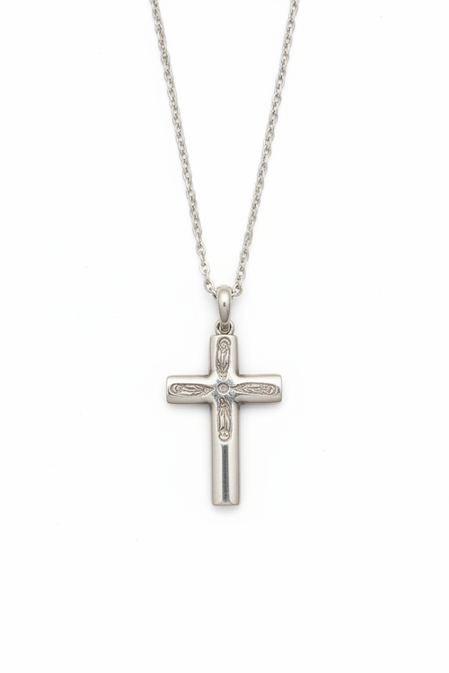 Engraved Cross Necklace — Our Lady of Guadalupe Silver-Tone Pendant